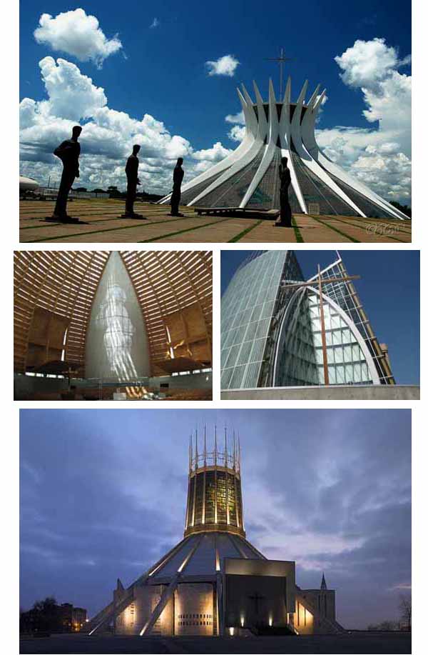 Brasilia Cathedral, Brazil, Oakland Cathedral, US, Liverpool Cathedral, England